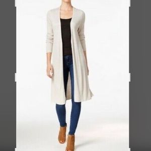 EUC beige, ribbed knit open midi duster cardigan sweater, size M.